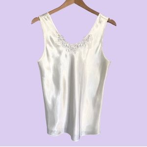 Vintage 1980s Ivory Satin Camisole Lace Trim Tank Top M Bridal Vanilla Girl
